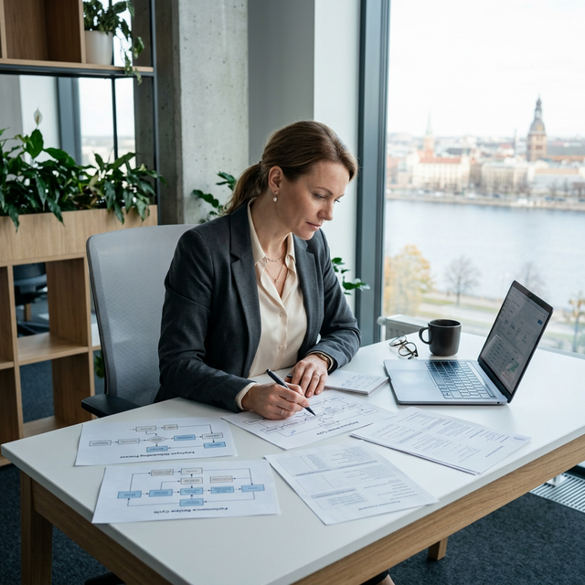 HR konsultantė peržiūri personalo procesų dokumentaciją moderniame biure