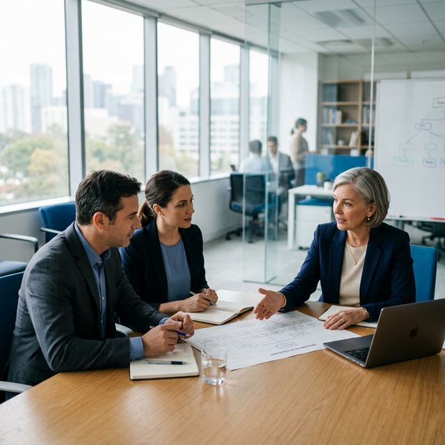 Išorinis HR konsultantas dirba su įmonės vadovų komanda moderniame biure